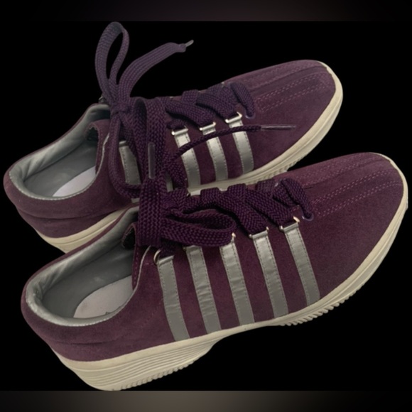 K-Swiss Sneakers Tennis Runners Suede Leather Silver 5 Stripe & Purple Size 7 - Picture 3 of 13